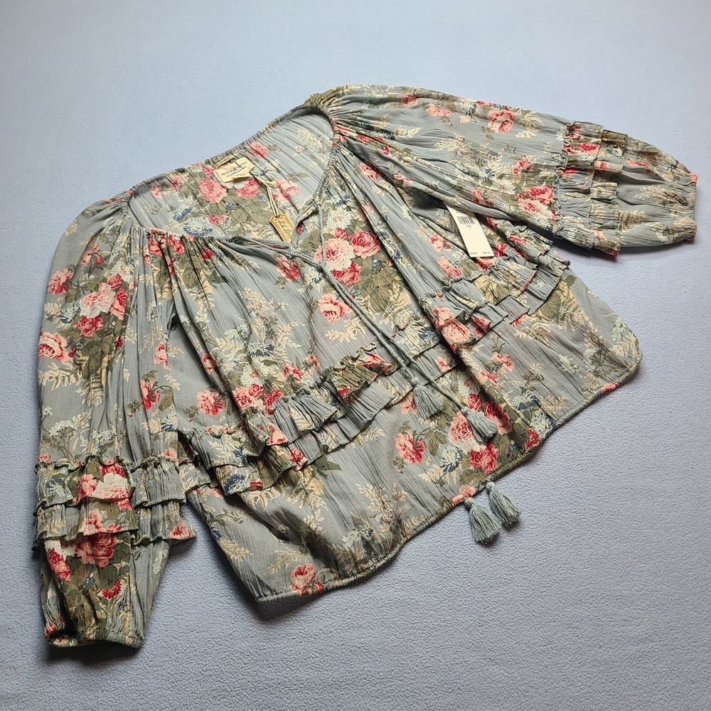 Denim & Supply Ralph Lauren Peasant Top Women L Blue NEW Floral Boho Ruffle